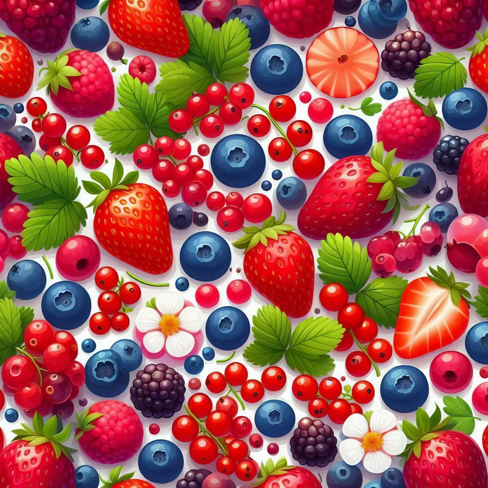Colorful Summer Berries with Green Leaves and White Flowers