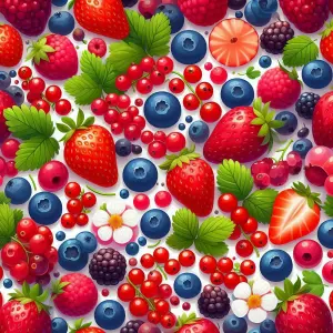 Colorful Summer Berries with Green Leaves and White Flowers