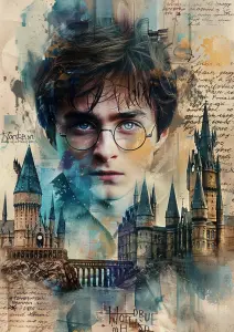 Fantasy Collage Featuring a Young Man with Glasses and Gothic Castles