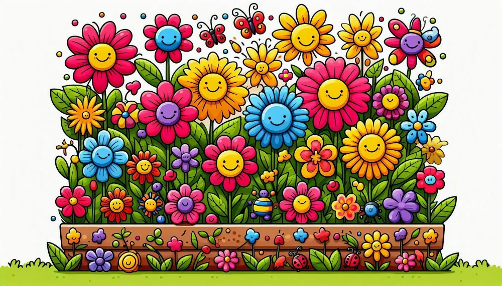 Colorful Cartoon Flowers with Smiley Faces in a Garden Bed