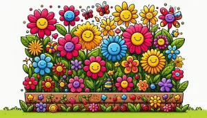 Colorful Cartoon Flowers with Smiley Faces in a Garden Bed