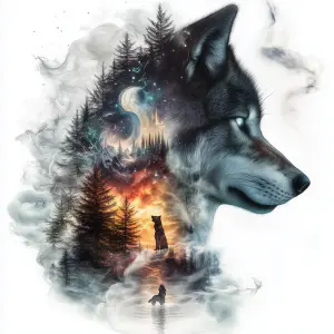 Artistic Wolf Profile with Mystical Forest and Cosmic Elements