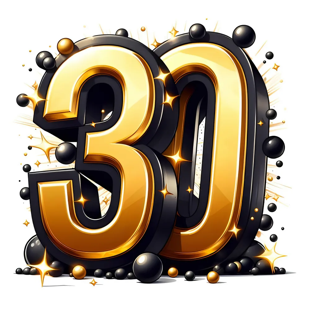 3D Gold and Black Number 30 with Sparkles and Spheres