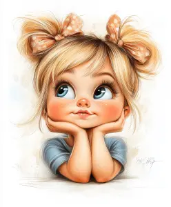 Cute Little Girl with Pigtails and Bows Daydreaming