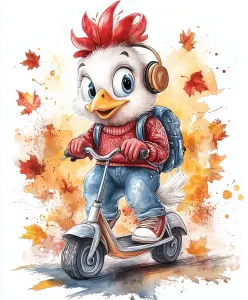 Cute Cartoon Chicken Riding Scooter with Headphones and Backpack