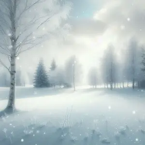 Snowy Winter Landscape with Frosted Trees and Soft Falling Snow