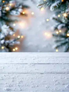 Snowy White Wooden Surface with Blurred Christmas Lights and Pine Branches