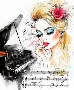 Artistic Illustration of Woman with Floral Hairpiece and Grand Piano