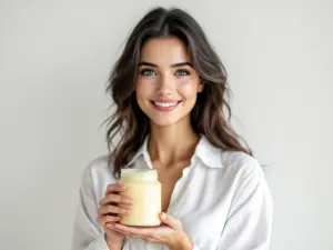 Smiling woman holding glass jar with cream in white shirt