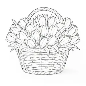 Black and White Drawing of Tulips in a Woven Basket