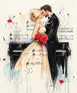 Romantic Bride and Groom Embracing by Piano with Musical Notes