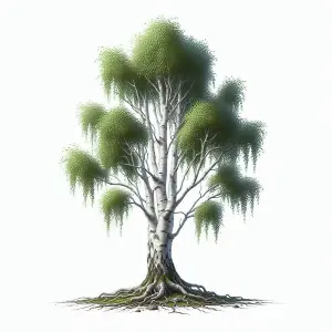 Single Birch Tree with Exposed Roots on White Background