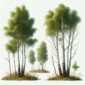Clumps of Birch Trees with Green Foliage on Grassy Ground