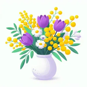 Colorful Bouquet of Purple Tulips, Yellow Mimosa, and White Daisies in White Vase