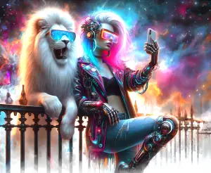 Cyberpunk Woman Taking Selfie with White Lion in Futuristic Neon City