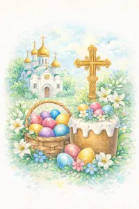 Easter Symbols with Basket, Cake, and Church