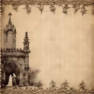 Antique Gothic Archway with Silhouetted Figures on Vintage Paper