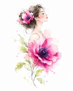 Watercolor Portrait of Woman with Pink Flowers