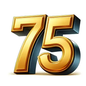 3D Golden Number 75 on White Background
