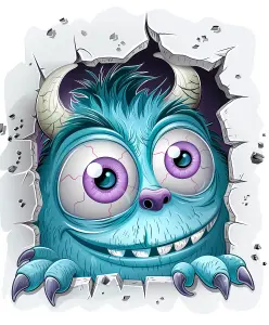Cute Blue Cartoon Monster with Big Purple Eyes Breaking Through Wall