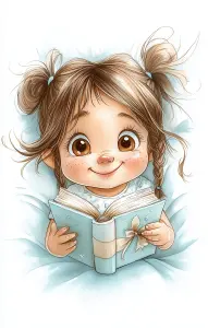Cute Little Girl Reading Book with Pigtails
