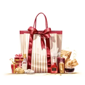 Elegant Gift Bag with Wrapped Presents and Bottles