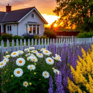 Sunset Over White Picket Fence with Vibrant Garden Flowers