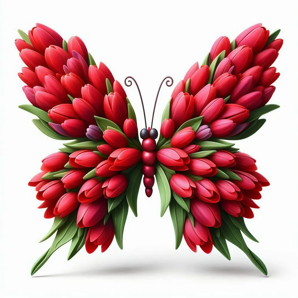 Butterfly Shaped from Red Tulip Flowers and Green Leaves
