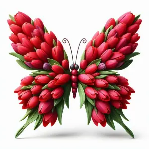 Butterfly Shaped from Red Tulip Flowers and Green Leaves