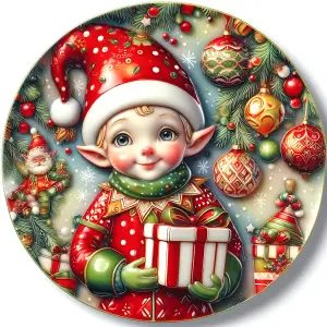 Cute Christmas Elf Holding Gift with Festive Decorations