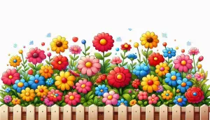 Colorful Cartoon Flower Garden with Wooden Fence