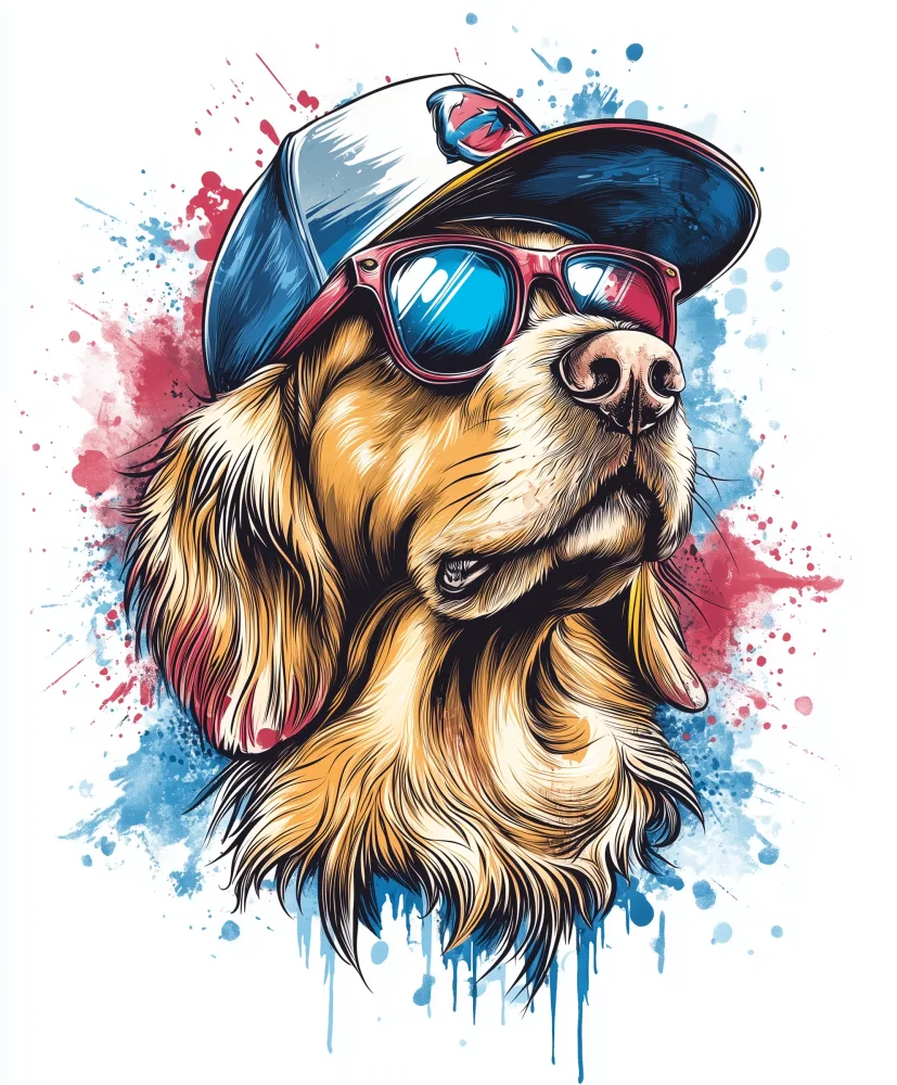 Cool Golden Retriever with Sunglasses and Baseball Cap Digital Art