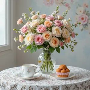 Fresh Rose Bouquet with Tea Cup and Pastries on Lace Tablecloth