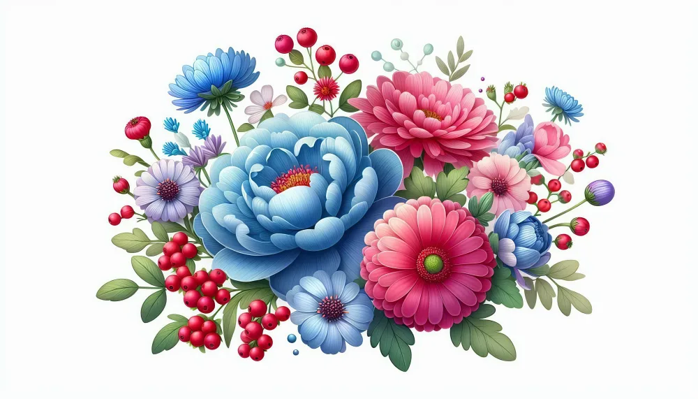 Colorful Digital Illustration of Mixed Flowers with Berries