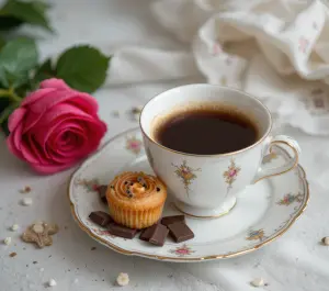 Cup of Black Coffee with Cupcake, Chocolate Pieces, and Pink Rose on Table