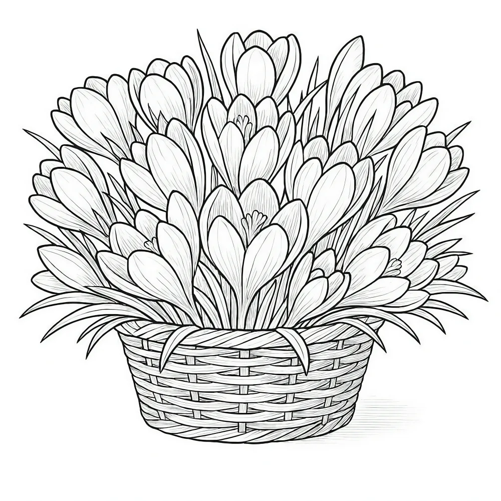 Black and White Illustration of Crocus Flowers in a Woven Basket