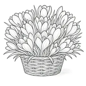Black and White Illustration of Crocus Flowers in a Woven Basket