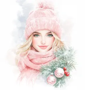 Winter Portrait of a Woman in Pink Hat and Scarf with Christmas Pine Branch