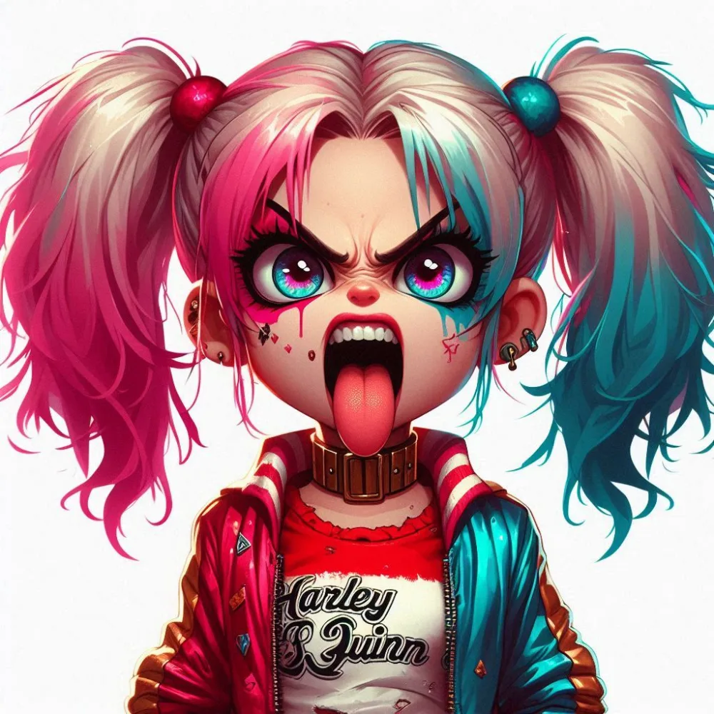 Cartoon Style Harley Quinn with Pink and Blue Hair in Twin Ponytails