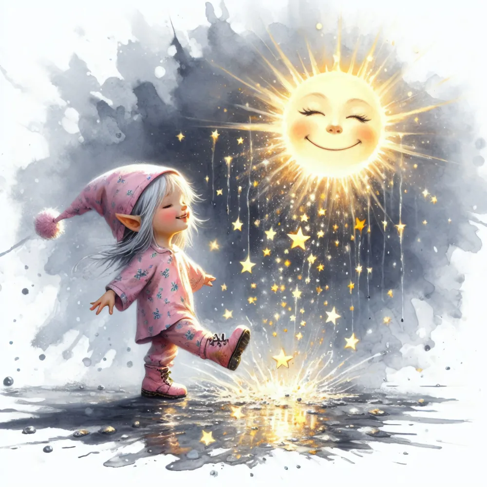 Whimsical Elf Child in Pink Pajamas Playing with Glowing Smiling Sun and Stars
