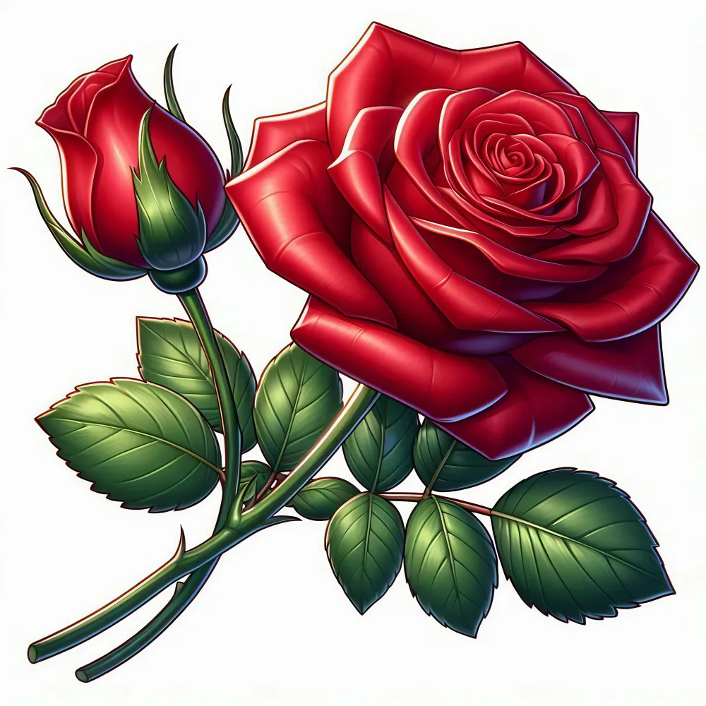 Close-up of a Red Rose with Bud and Green Leaves