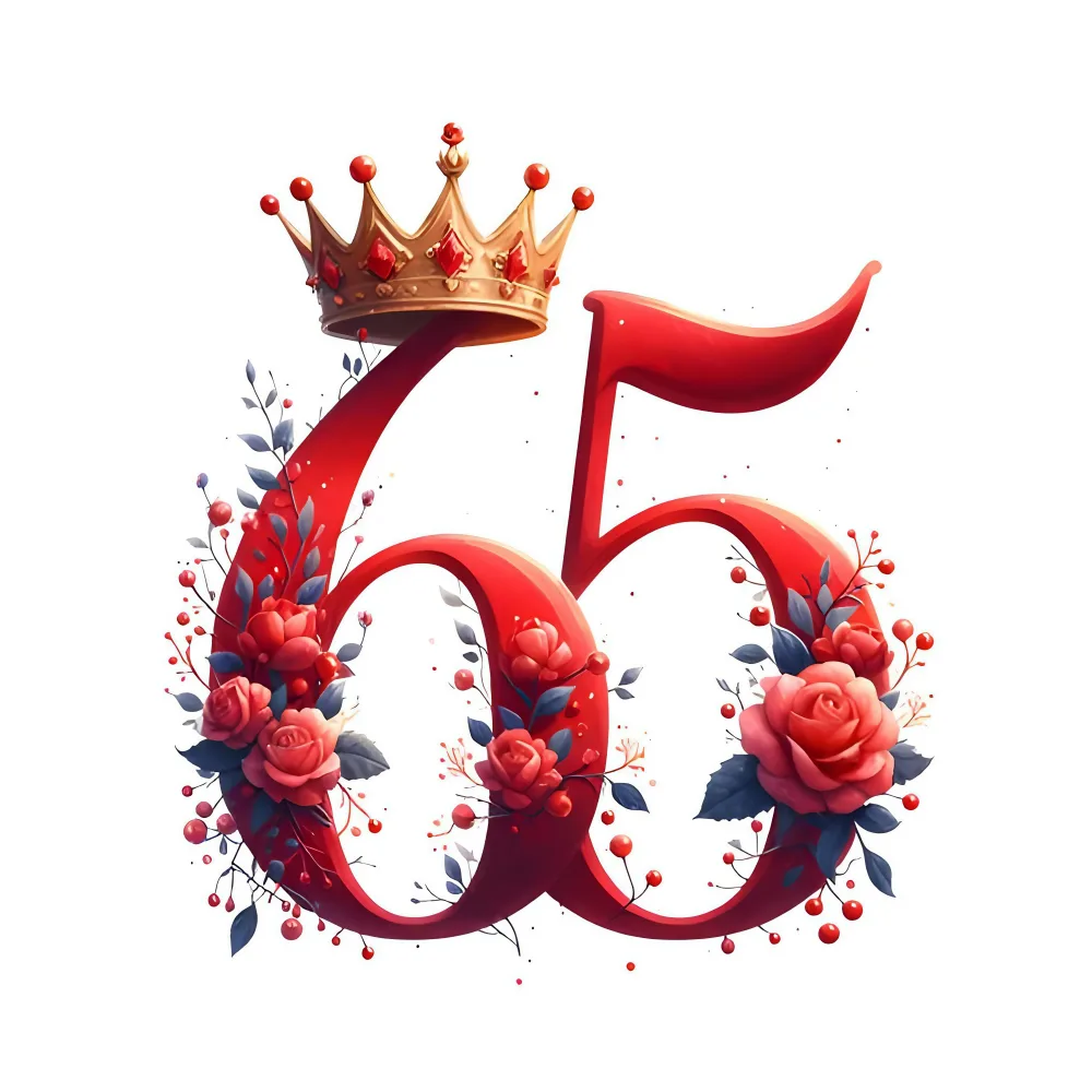 Decorative Number 65 with Red Roses and Golden Crown