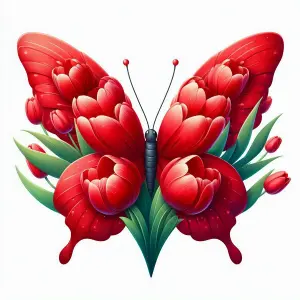 Red Butterfly with Tulip-Shaped Wings and Green Leaves
