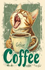 Yawning Tabby Cat Holding a Coffee Mug Illustration