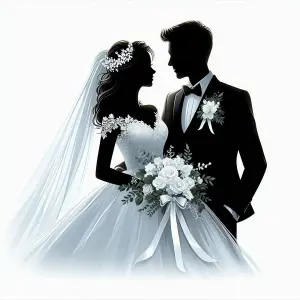 Silhouette of Bride and Groom in Wedding Attire