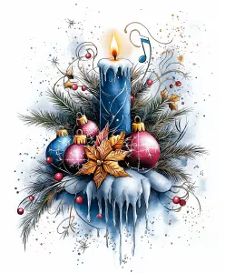 Festive Blue Candle with Christmas Ornaments and Pine Branches