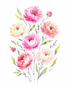 Watercolor Illustration of Pink and Peach Peonies with Green Leaves