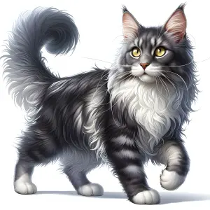 Fluffy Black and White Maine Coon Cat with Yellow Eyes