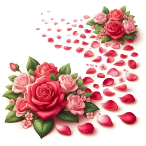 Bouquets of pink and red roses with scattered petals