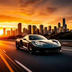 Black Sports Car Driving at Sunset Near City Skyline